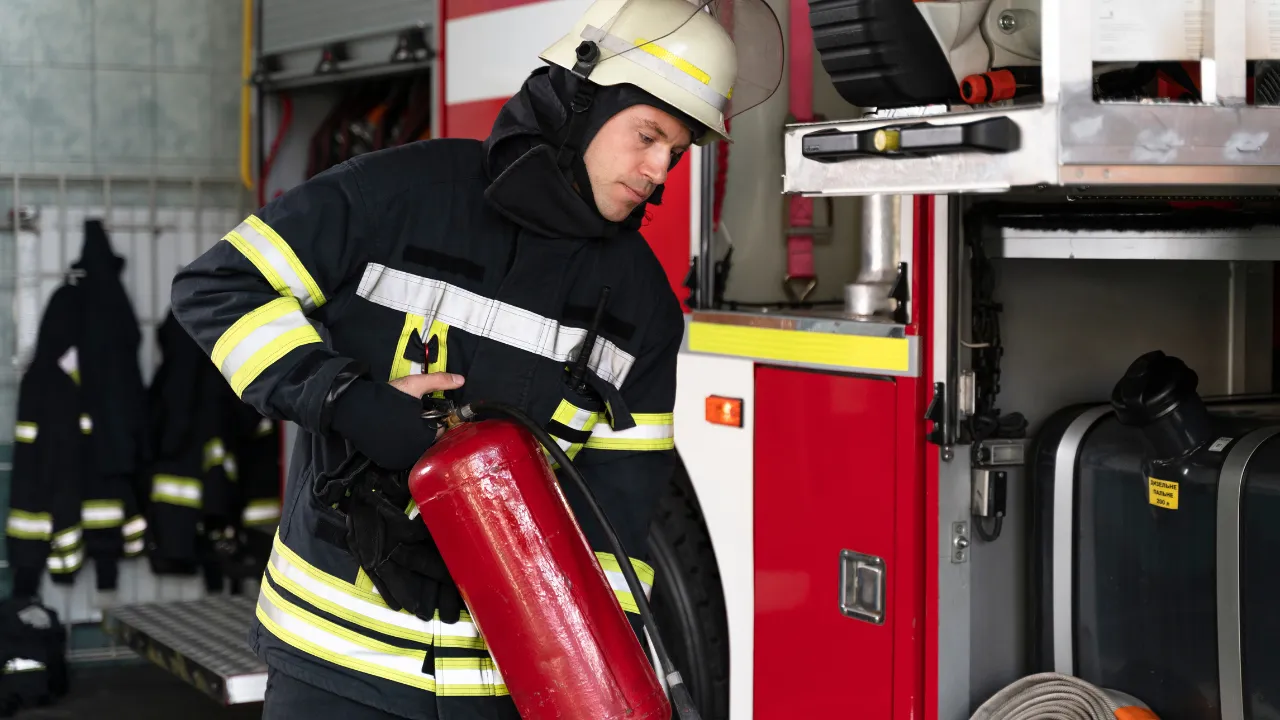 Bombeiro uniformizado manuseando extintor de incêndio ao lado de viatura, demonstrando procedimentos relacionados aos critérios do Corpo de Bombeiros para aprovação de equipamentos de segurança.